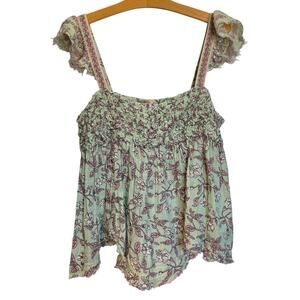 Free People Nala Printed Babydoll Top Green Tank Ruffle Sleeve Smocked Floral M